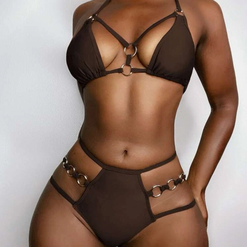 Solid Ring Linked Micro Triangle Bikini Swimsuit